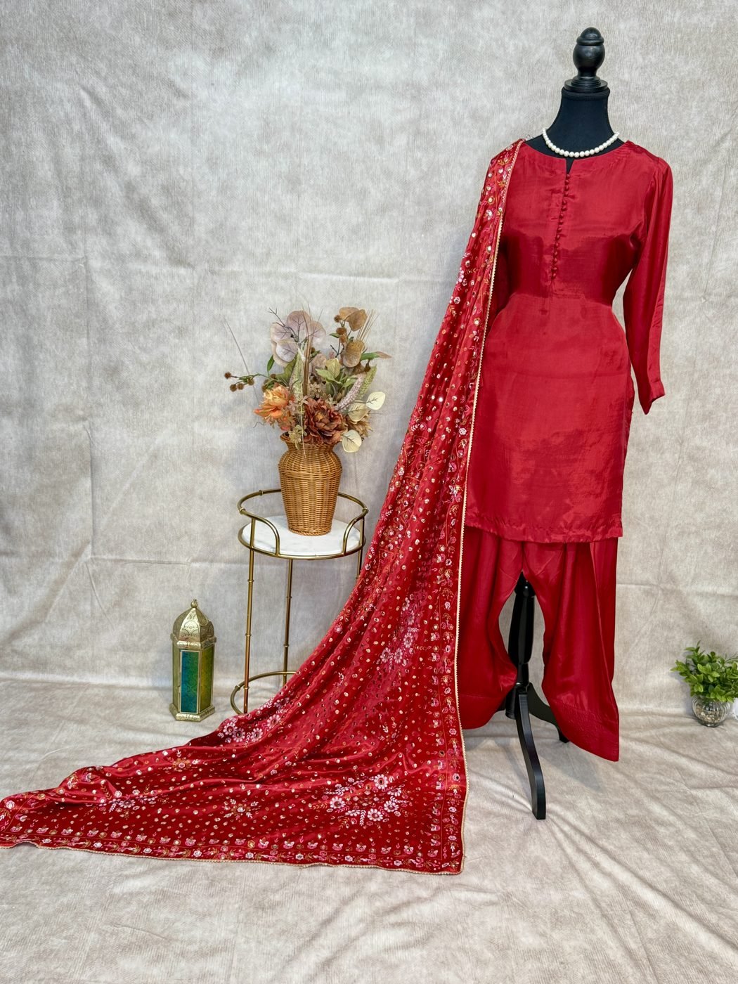 Plain Red Suit with Pakistani Mukaish Dupatta